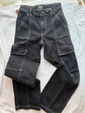 KATIEJ NYC Black Utility Cargo Pants Girls size 7/8 White Contrast Stitch Stretc